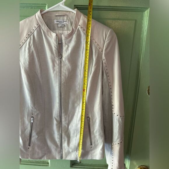 New LaMarque Tan Leather Linen moto biker studded zips Jacket small - Picture 11 of 13
